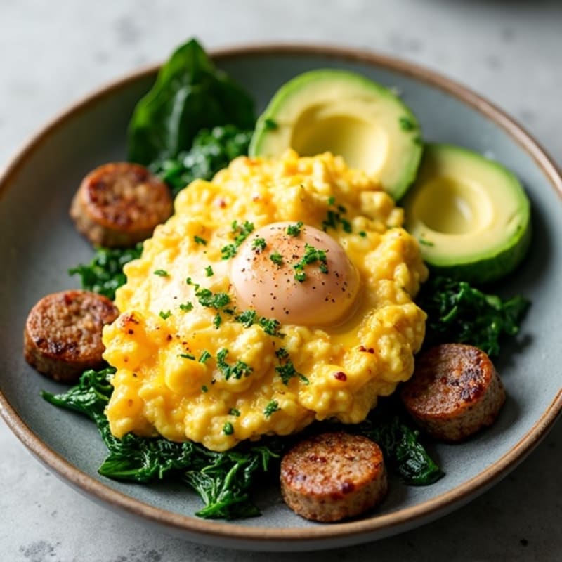 Scrambled Egg and Turkey Sausage Skillet with Sautéed Spinach