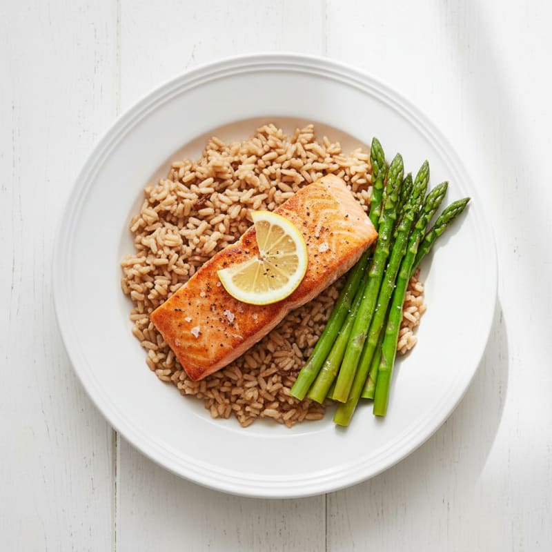 Seared Salmon with Steamed Asparagus and Brown Rice