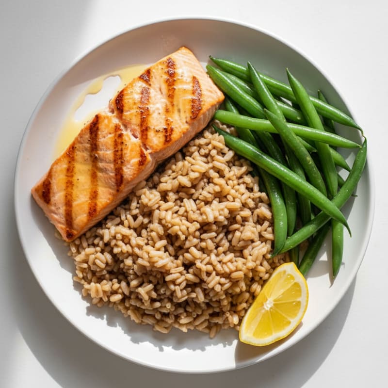 Seared Salmon with Steamed Green Beans and Brown Rice