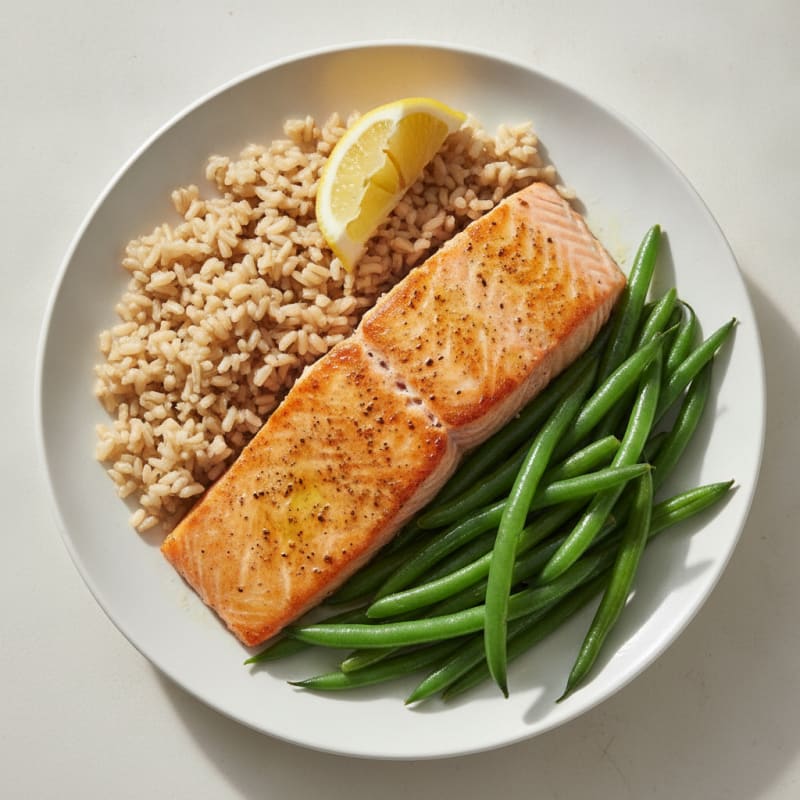 Seared Salmon with Steamed Green Beans and Brown Rice