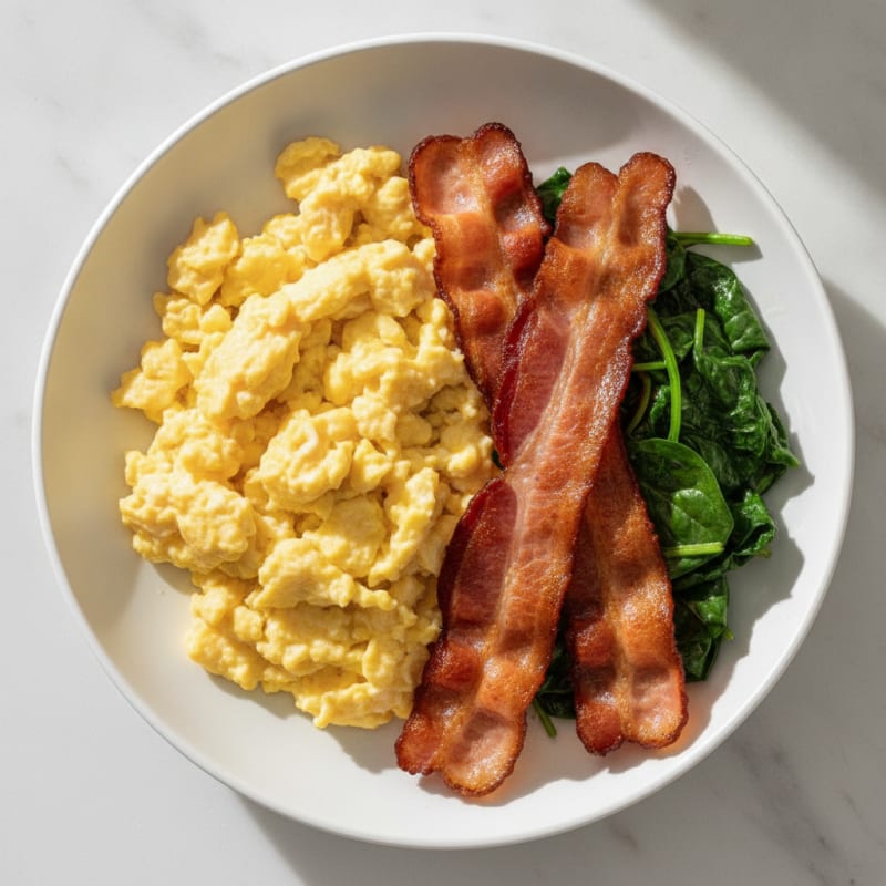 Scrambled Eggs with Crispy Bacon and Sautéed Spinach