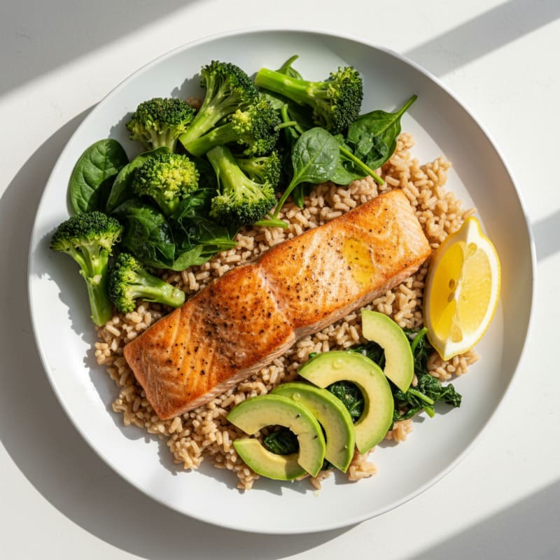 Seared Salmon with Steamed Broccoli and Brown Rice