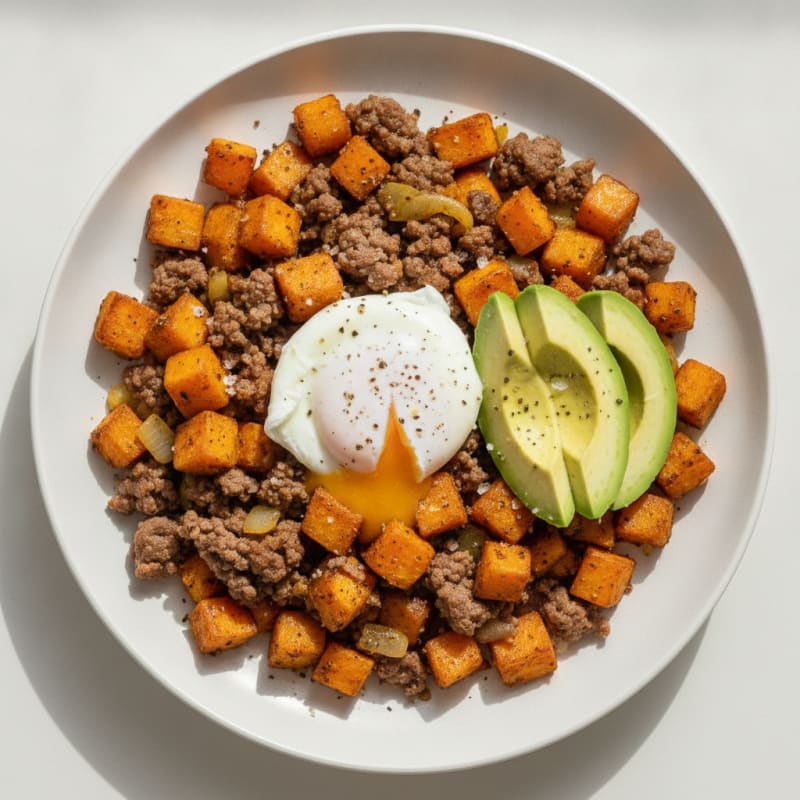 Beef and Sweet Potato Hash with Avocado