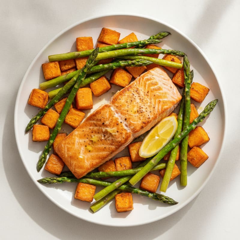 Seared Salmon Fillet with Roasted Sweet Potato and Asparagus