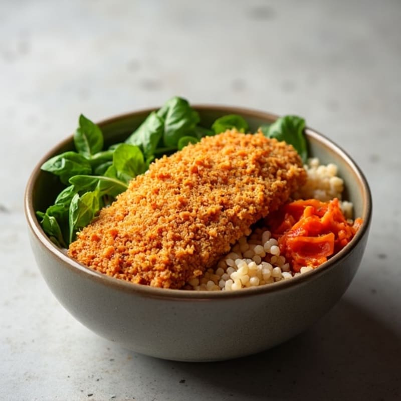 Kimchi Brown Rice with Crispy Chicken and Fresh Greens