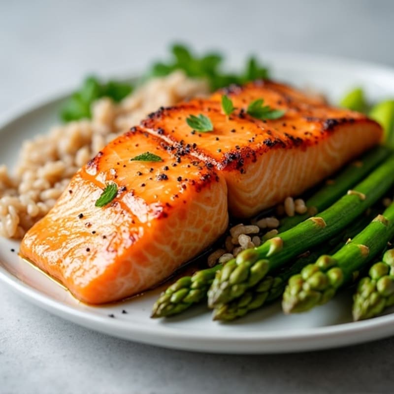 Seared Salmon with Steamed Asparagus and Brown Rice