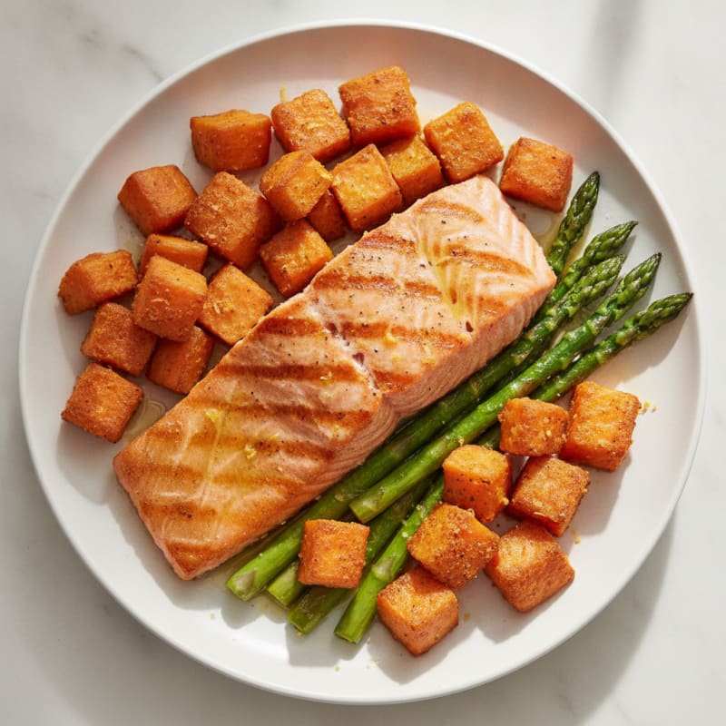 Seared Salmon Fillet with Roasted Sweet Potatoes and Asparagus