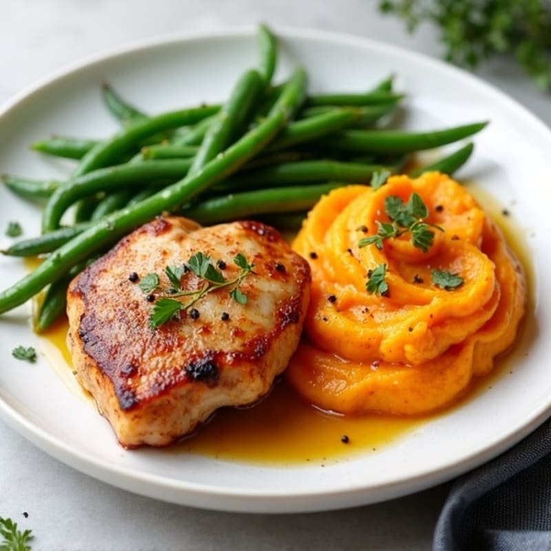 Seared Chicken Thighs with Steamed Green Beans and Sweet Potato Mash