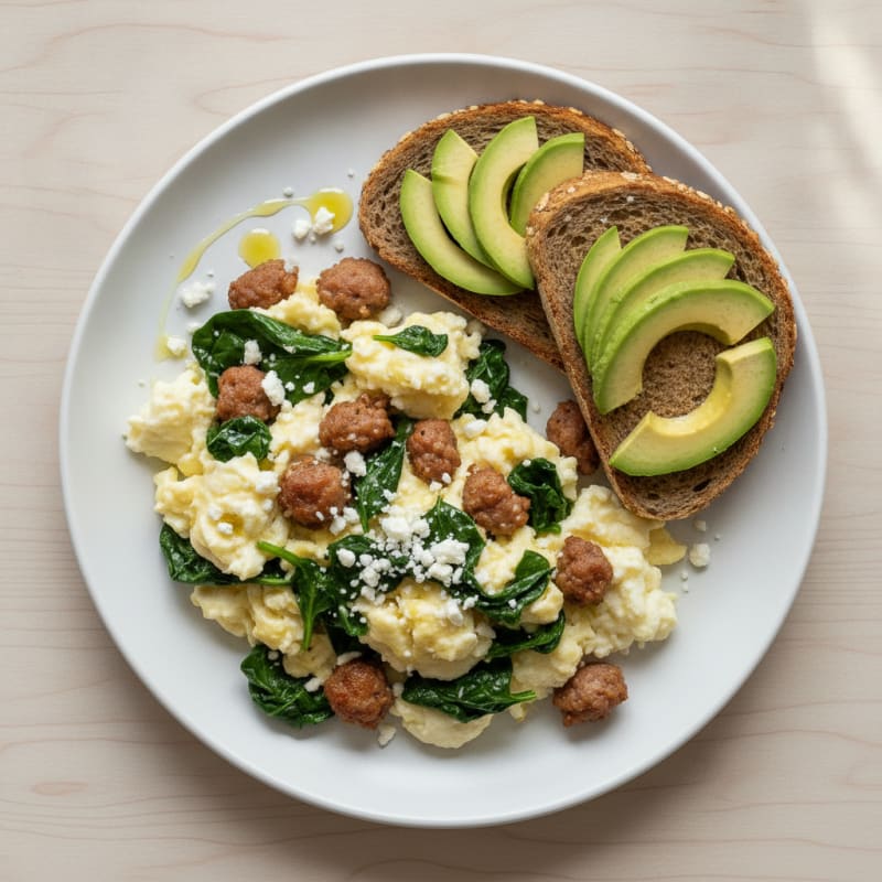Egg White Spinach Scramble with Turkey Sausage
