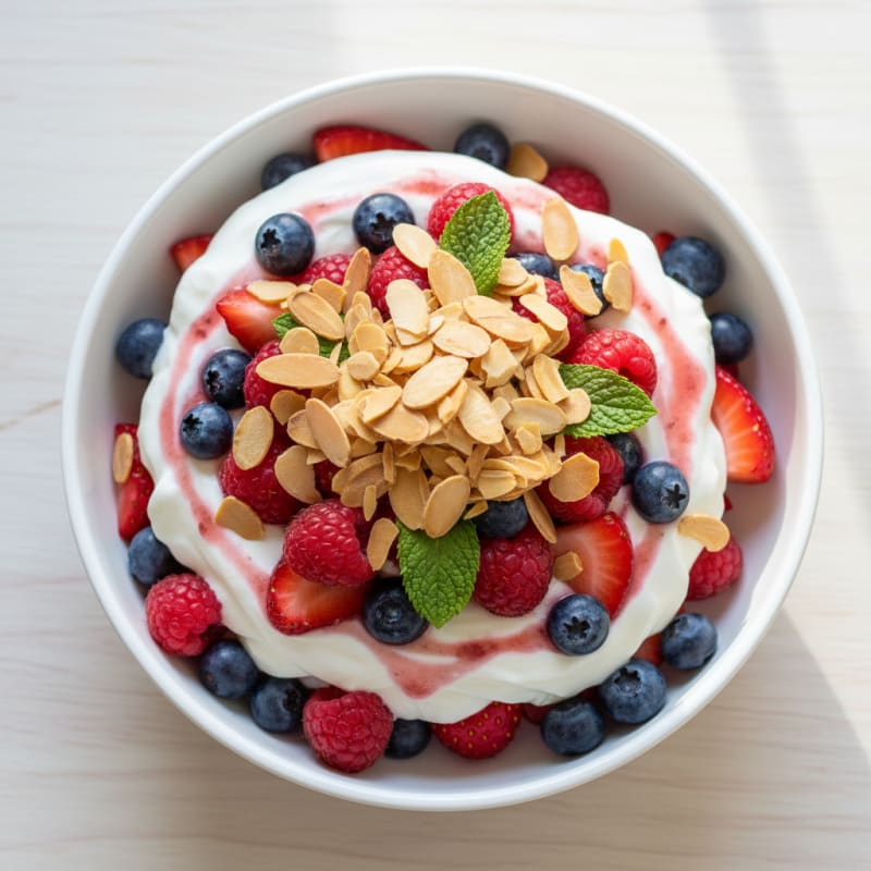 Greek Yogurt Protein Parfait with Mixed Berries and Almonds