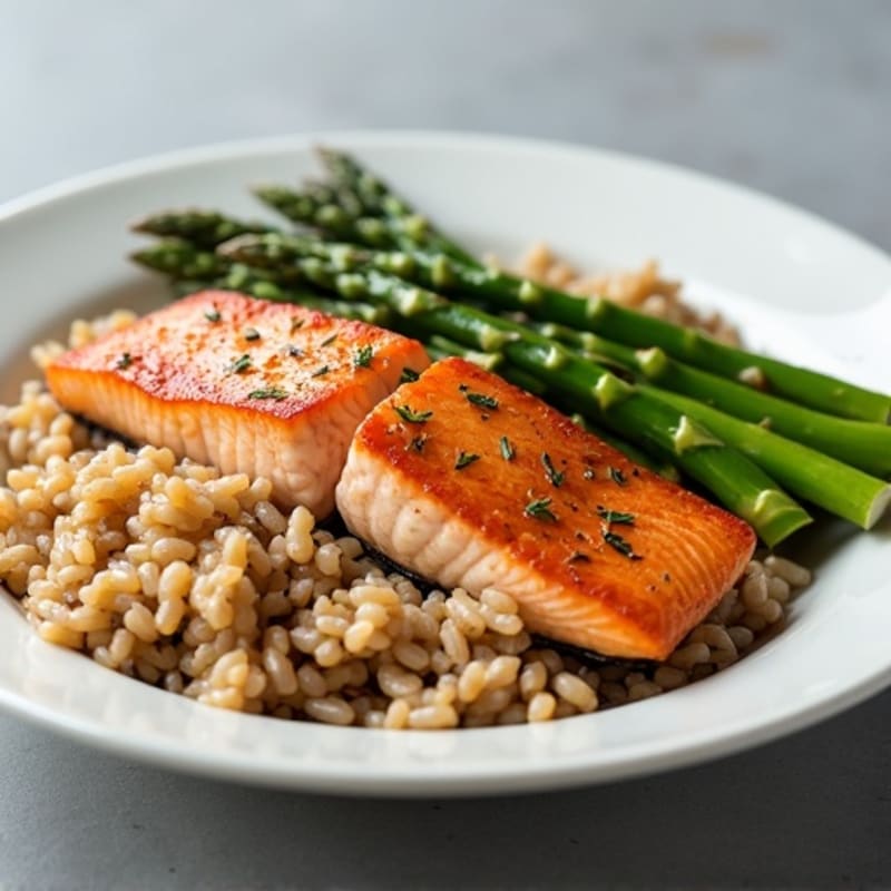 Seared Salmon with Steamed Asparagus and Brown Rice