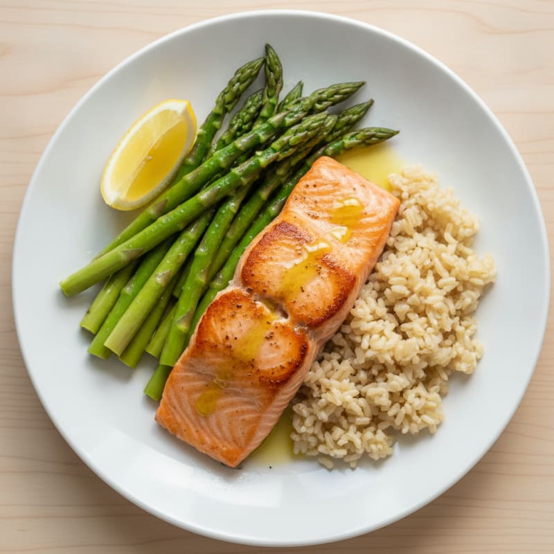 Seared Salmon with Steamed Asparagus and Brown Rice