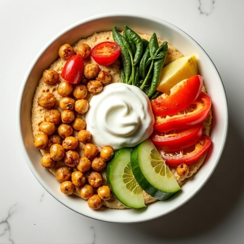 Creamy Hummus Bowl with Crispy Roasted Chickpeas and Fresh Vegetables