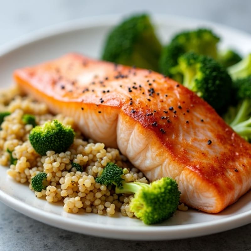 Seared Salmon Fillet with Roasted Broccoli and Quinoa