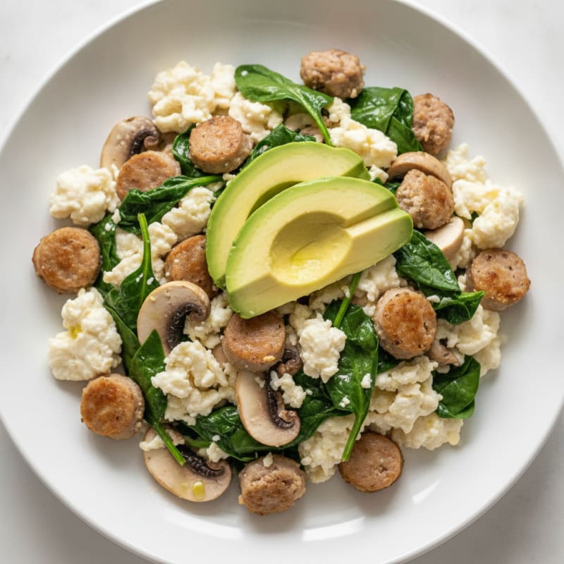 Egg White and Turkey Sausage Scramble with Spinach and Mushrooms