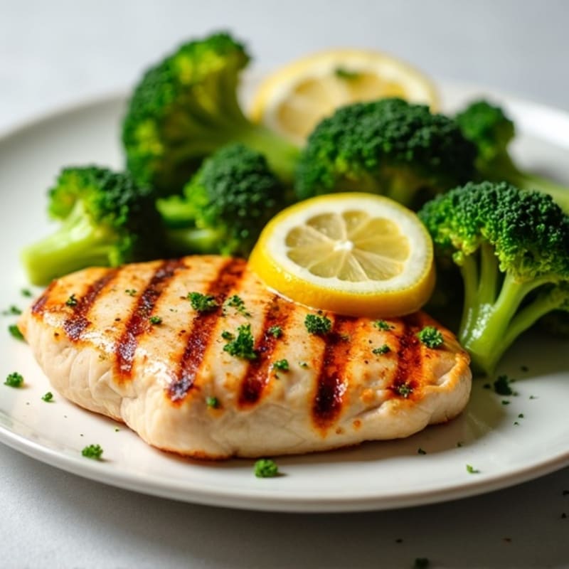 Grilled Chicken Breast with Steamed Broccoli and Lemon