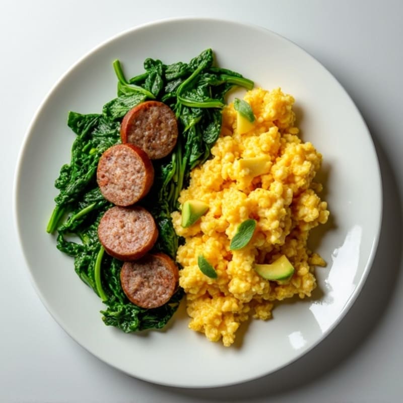 Egg White and Turkey Sausage Scramble with Sautéed Spinach