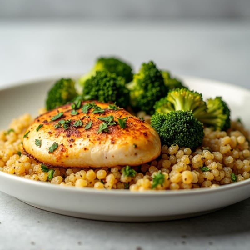 Lemon Herb Roasted Chicken with Crispy Roasted Broccoli and Quinoa