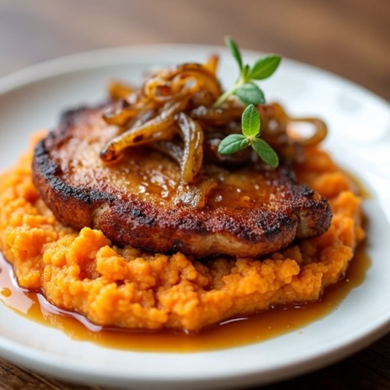 Crispy Pork Chops with Creamy Sweet Potato and Caramelized Onion Mash