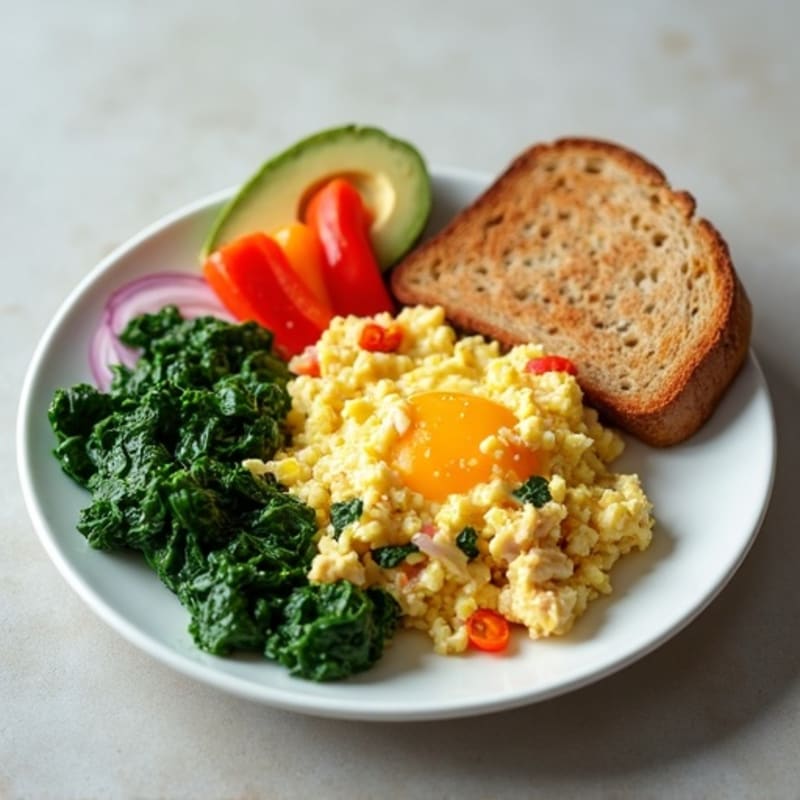 Egg White Vegetable Scramble with Lean Turkey and Sautéed Spinach