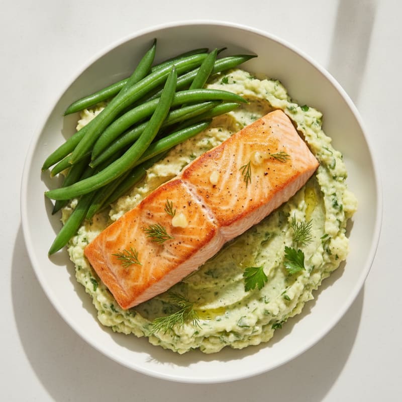 Seared Salmon Fillet with Herb-Cauliflower Mash and Steamed Green Beans