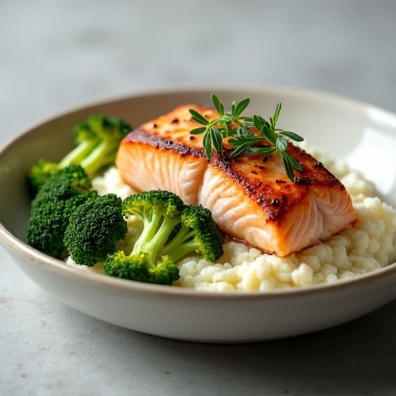 Seared Salmon with Roasted Broccoli and Cauliflower Mash