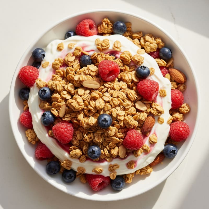 Greek Yogurt Parfait with Crunchy Almond Granola and Mixed Berries