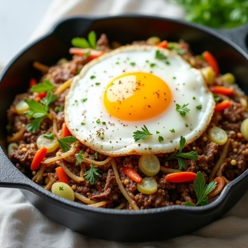 Shredded Beef and Cabbage Skillet with a Fried Egg