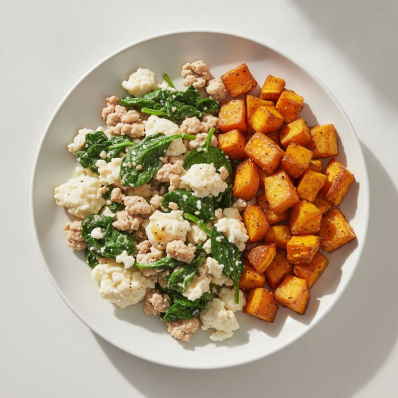 Egg White and Turkey Spinach Scramble with Roasted Sweet Potatoes