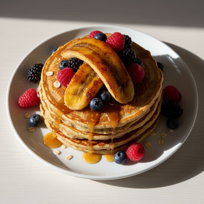 Golden Caramelized Banana Pancakes with Berries