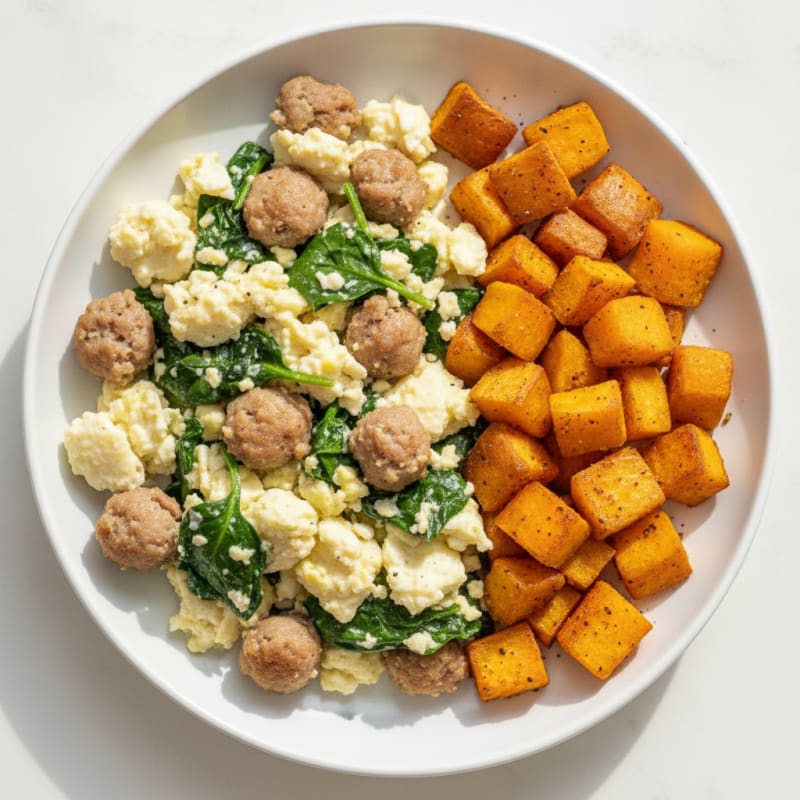 Egg White and Turkey Sausage Scramble with Roasted Sweet Potato