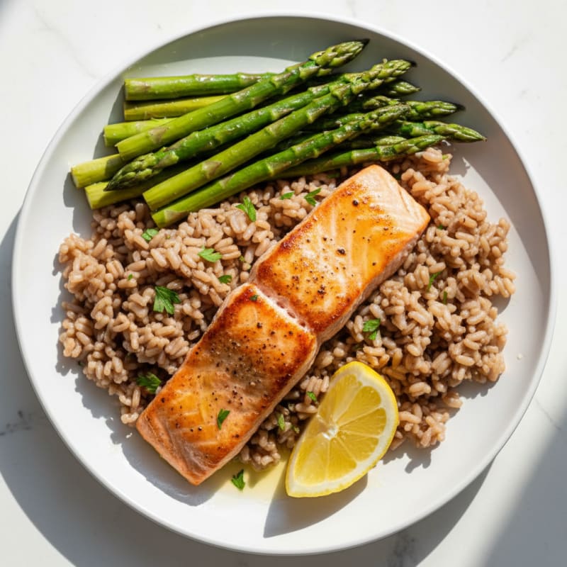 Seared Salmon with Steamed Asparagus and Brown Rice