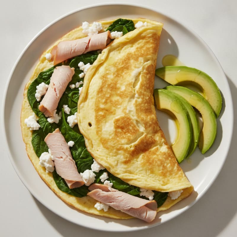 Egg White Spinach Omelette with Cottage Cheese and Sliced Turkey