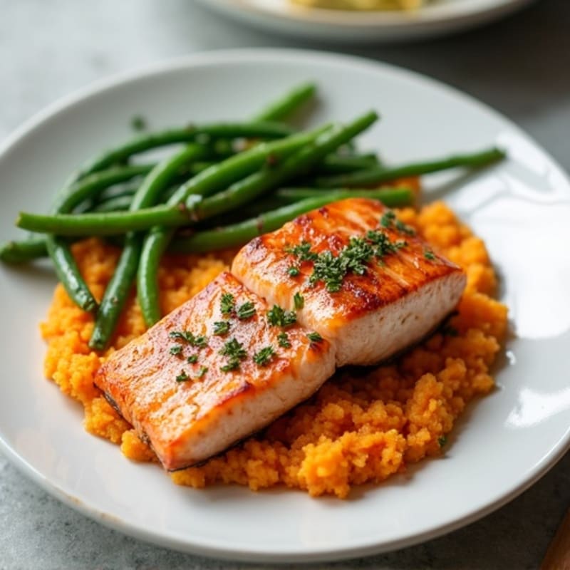 Seared Salmon Fillet with Garlic Green Beans and Sweet Potato Mash