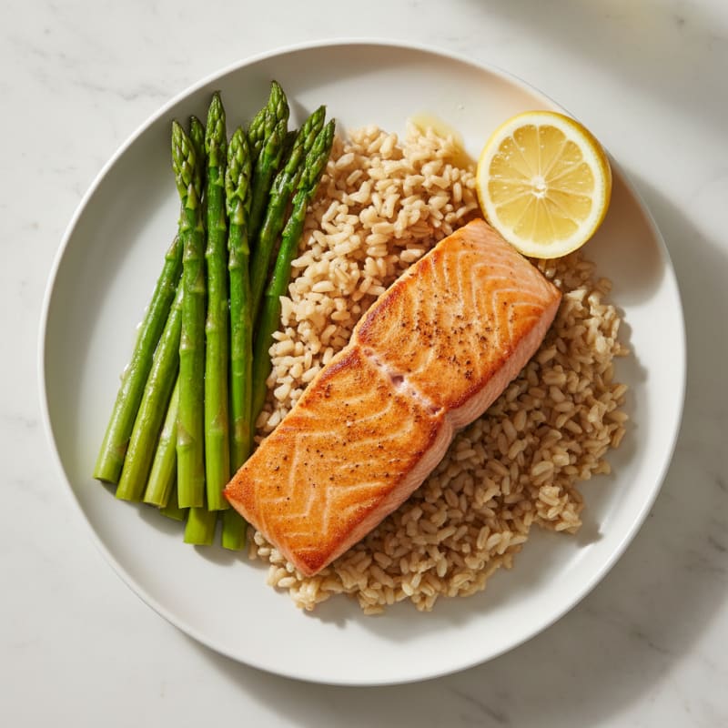 Seared Salmon with Steamed Asparagus and Brown Rice