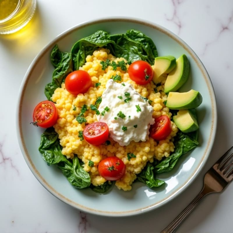 Egg White Spinach Scramble with Cottage Cheese and Cherry Tomatoes