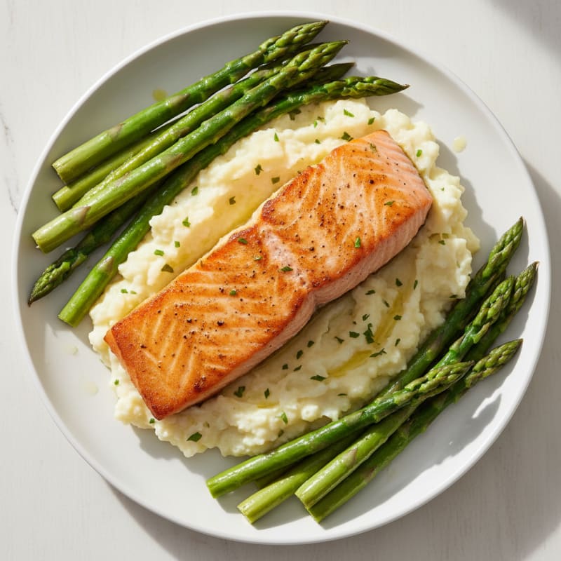 Seared Salmon with Steamed Asparagus and Garlic Mashed Cauliflower