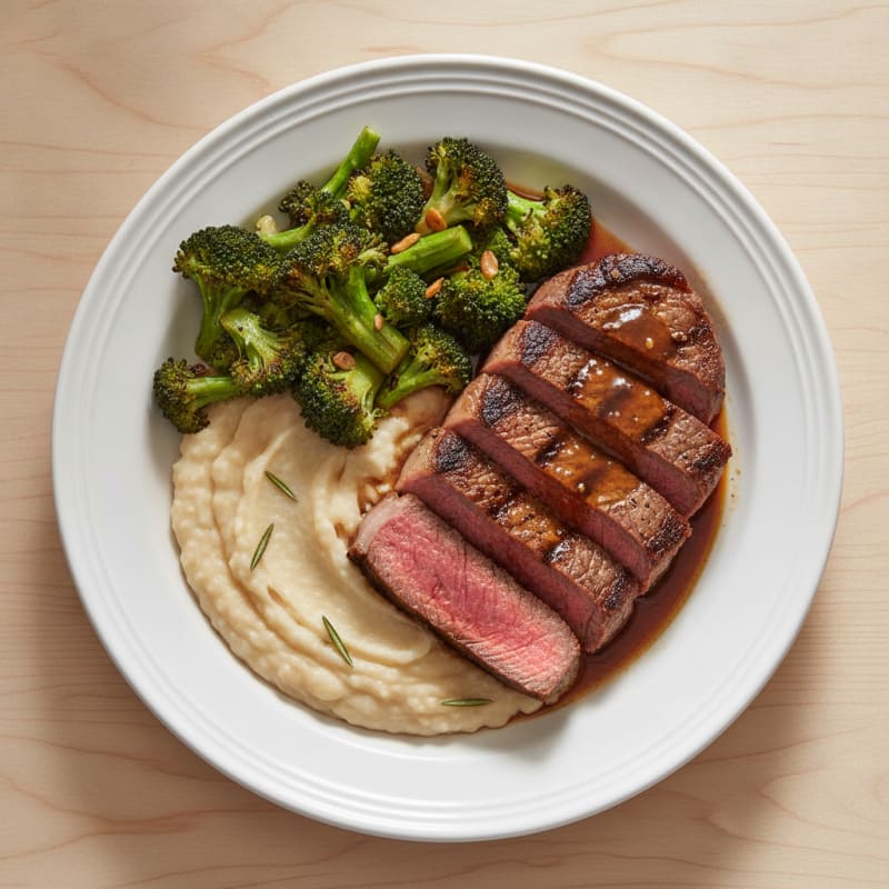 Seared Sirloin Steak with Roasted Garlic Broccoli and White Bean Mash