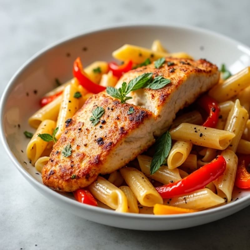 Chicken with Creamy Spicy Cajun Whole Wheat Pasta and Sautéed Bell Peppers