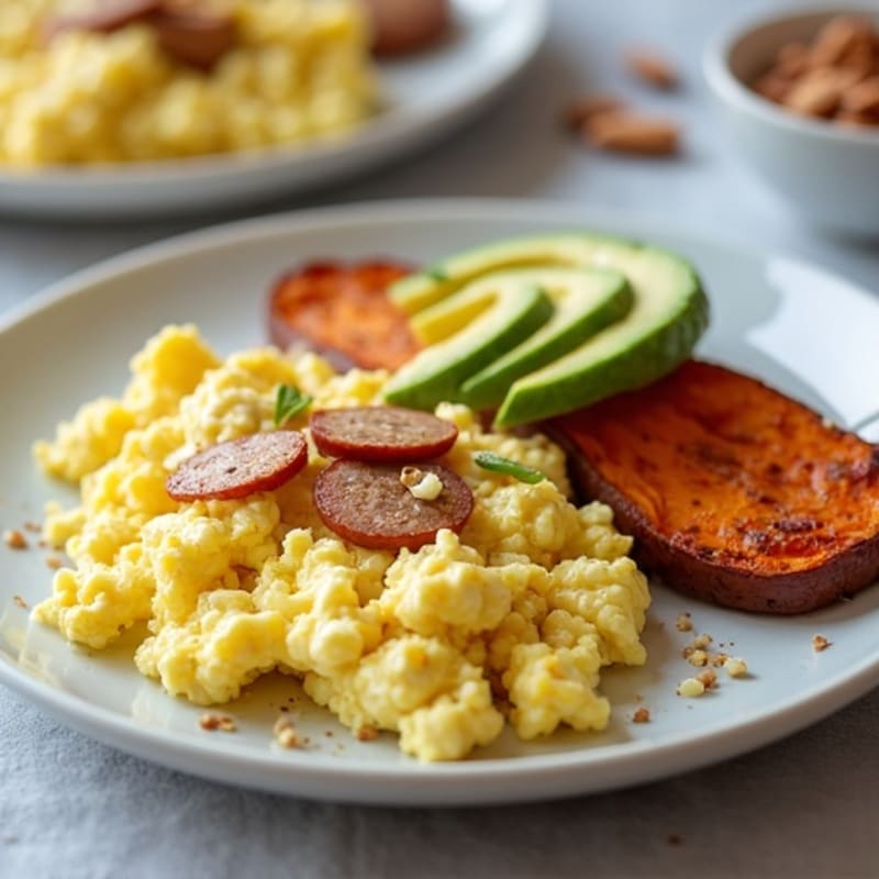 Egg White Scramble with Turkey Sausage and Roasted Sweet Potato