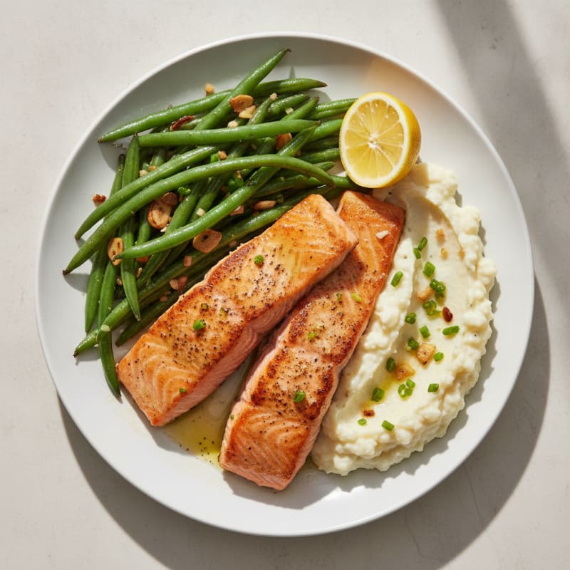 Pan-Seared Salmon with Garlic Green Beans and Cauliflower Mash