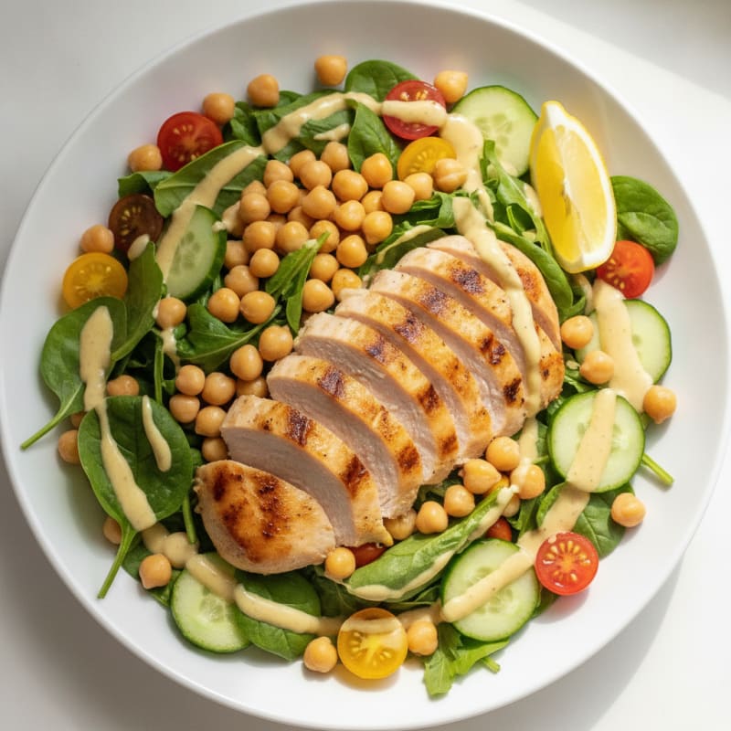 Grilled Turkey Breast Salad with Chickpeas and Lemon Tahini Dressing