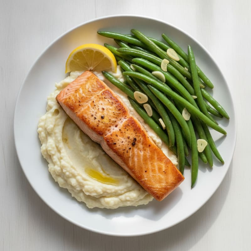 Seared Salmon Fillet with Garlic Green Beans and Cauliflower Mash