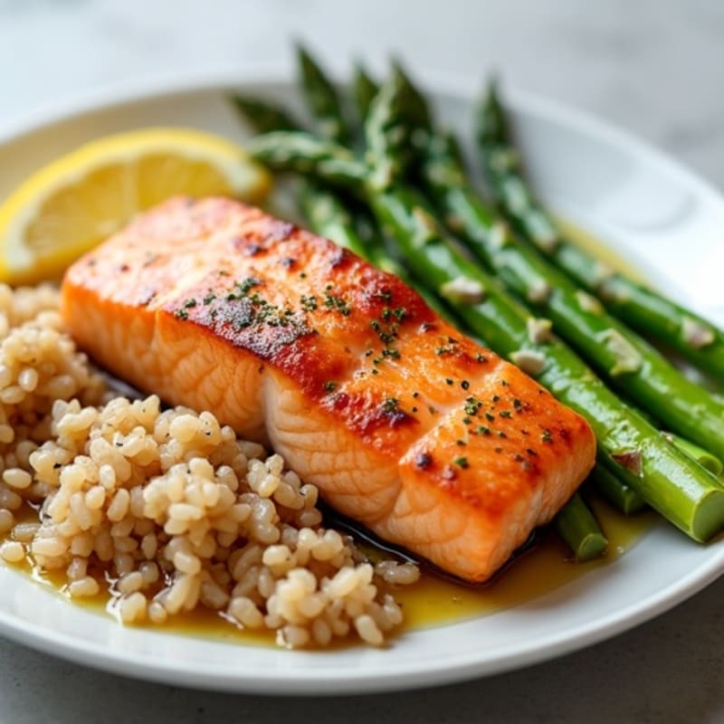 Seared Salmon with Steamed Asparagus and Brown Rice