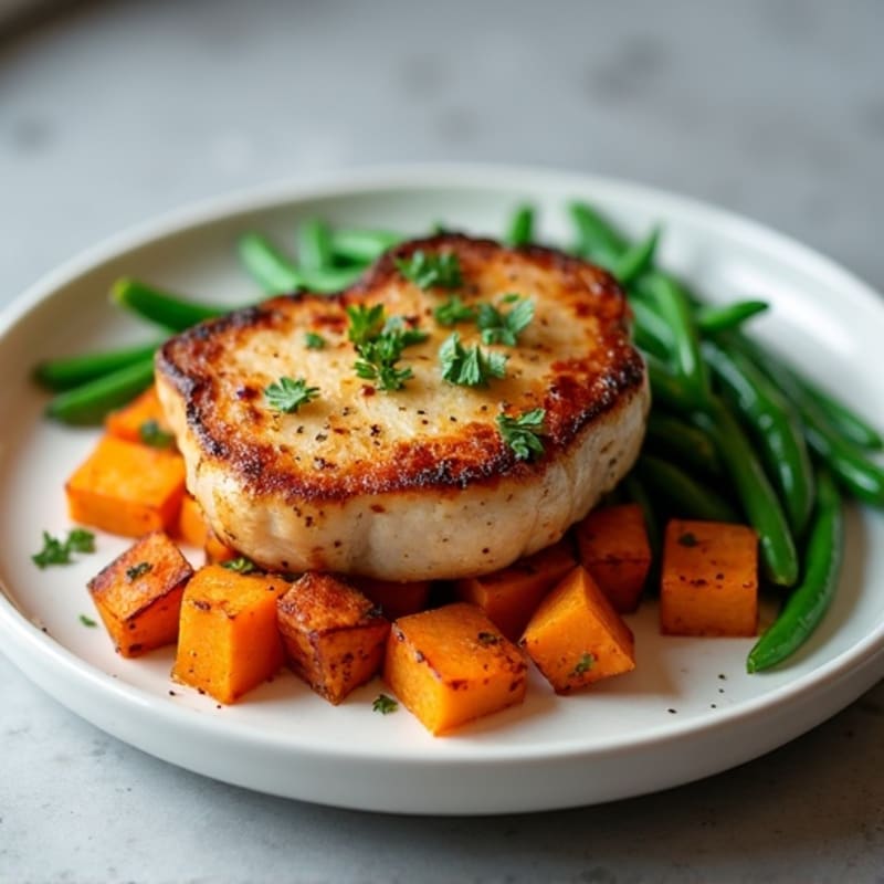 Pan-Seared Pork Chops with Roasted Sweet Potatoes and Crispy Green Beans