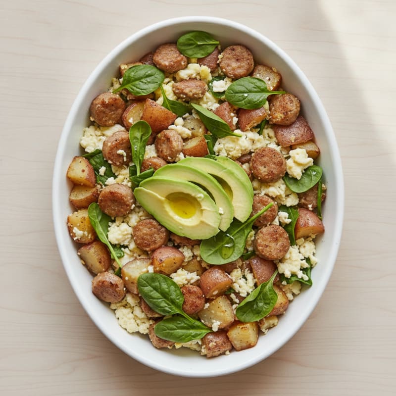 Crispy Turkey Sausage and Egg White Breakfast Skillet with Baby Spinach