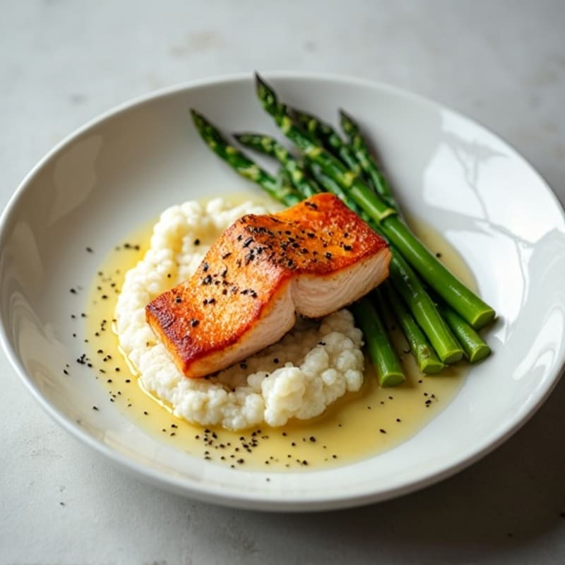 Seared Salmon with Steamed Asparagus and Cauliflower Mash