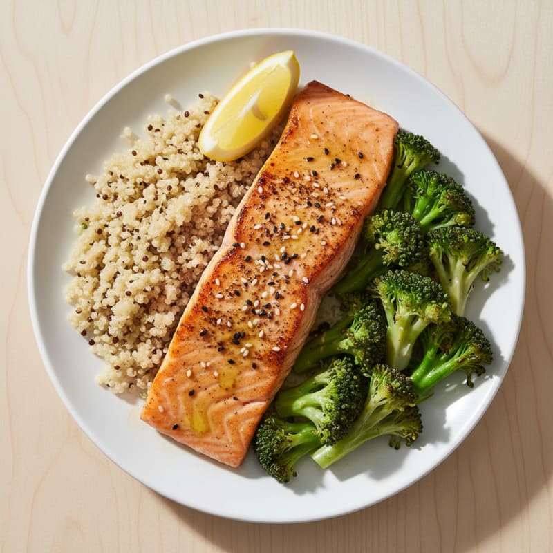 Seared Salmon with Steamed Broccoli and Quinoa
