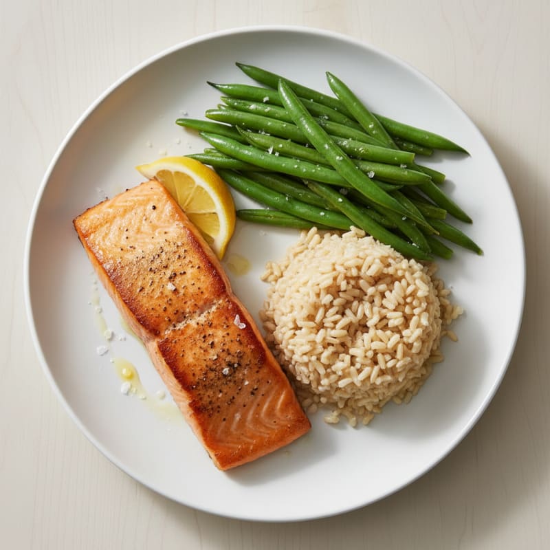 Seared Salmon with Steamed Green Beans and Brown Rice