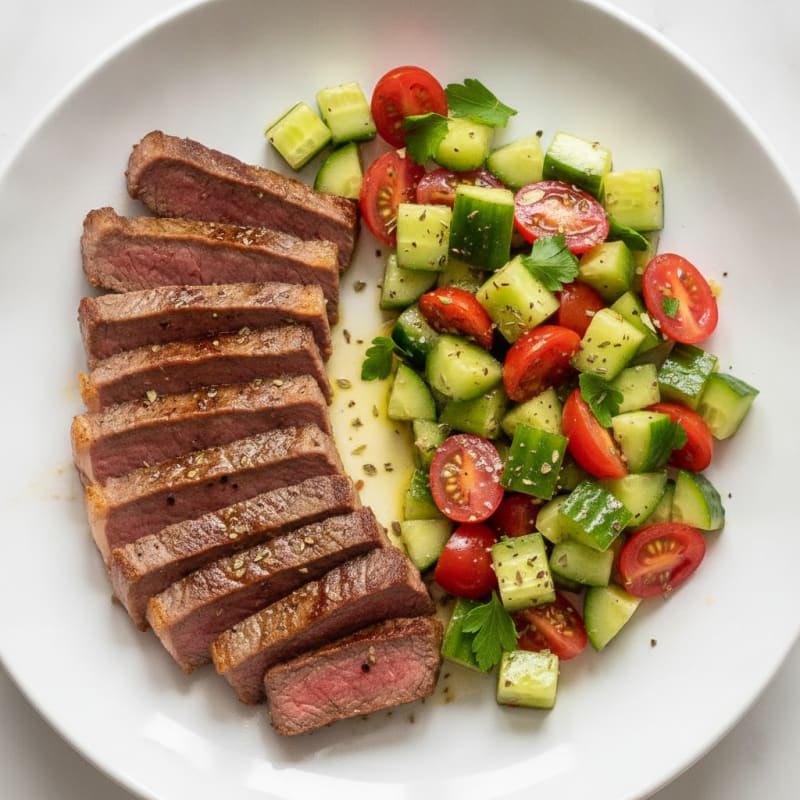Seared Steak Strips with Crunchy Cucumber and Tomato Salad